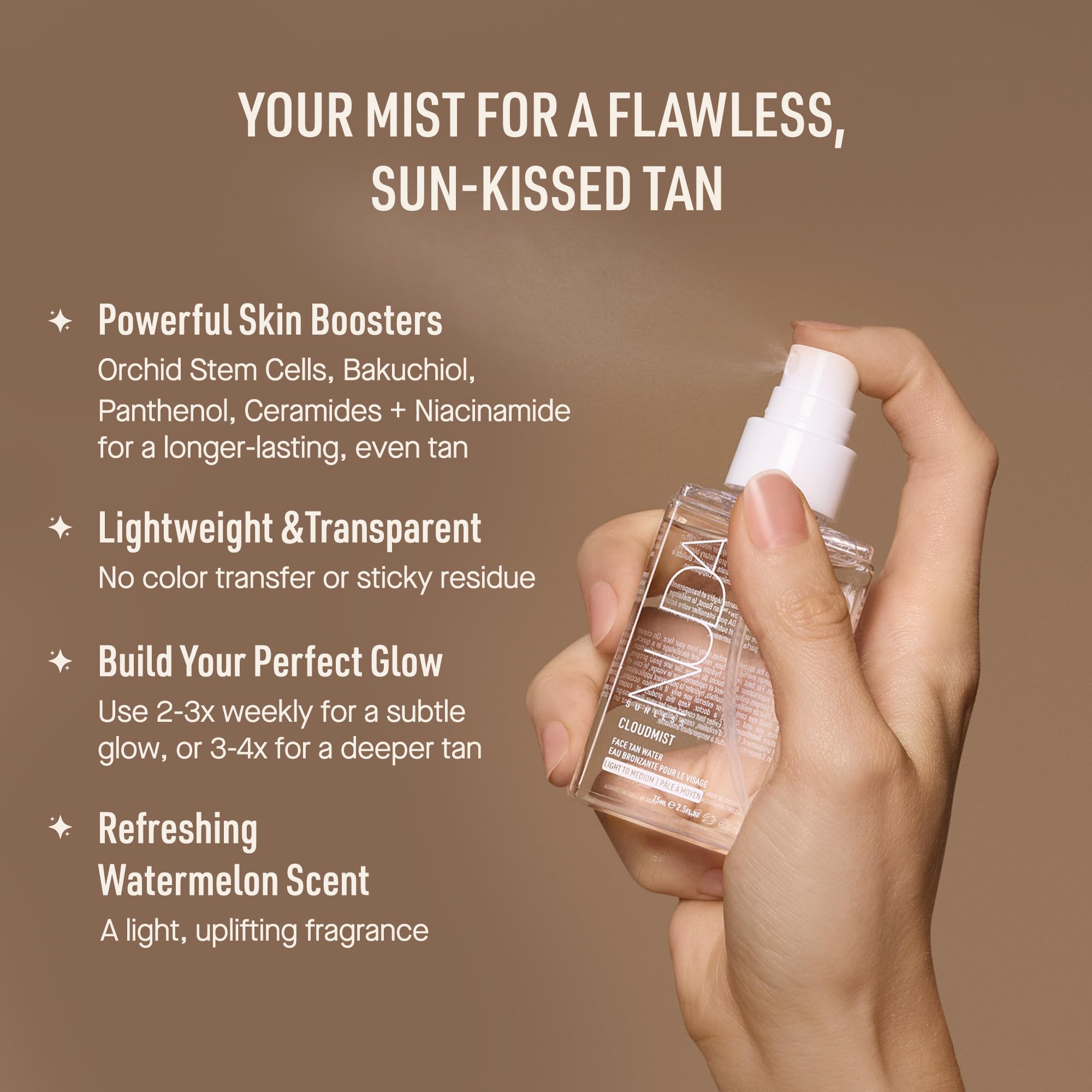 Nuda CloudMist Face Tan Water | Buildable Facial Tanning Mist for Light to Medium Complexions | Infused with Vitamins and White Tea & Rosehip Extracts | Lightweight, Bronzer-Free Formula, (2.5 Fl Oz)
