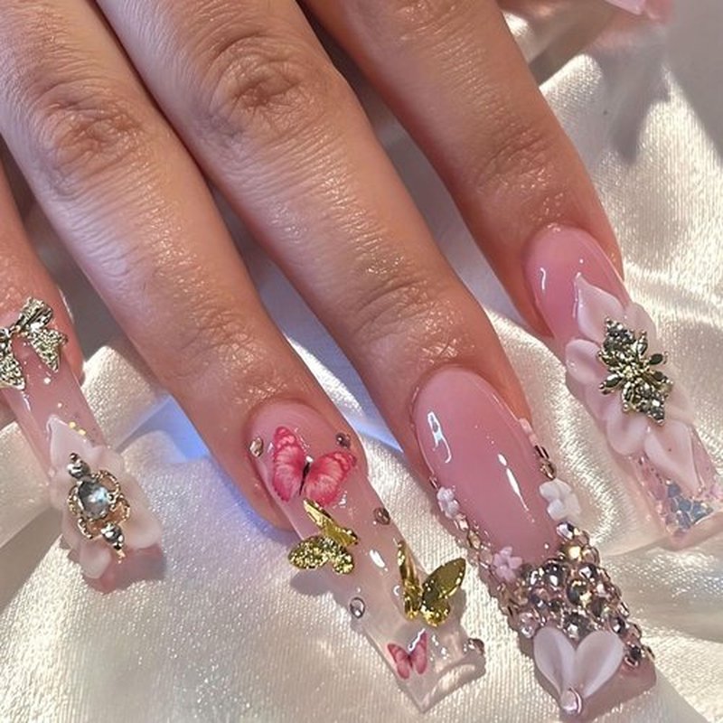 Handmade Press on Nails Long Fake Nails with 3D Flower Bow Rhinestones Butterfly Charms Designs Cute Nails Press ons Glossy Glue on Nails Nude Acrylic Nails Artificial Stick on Nails for Women 24Pcs