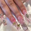Handmade Press on Nails Long Fake Nails with 3D Flower Bow Rhinestones Butterfly Charms Designs Cute Nails Press ons Glossy Glue on Nails Nude Acrylic Nails Artificial Stick on Nails for Women 24Pcs