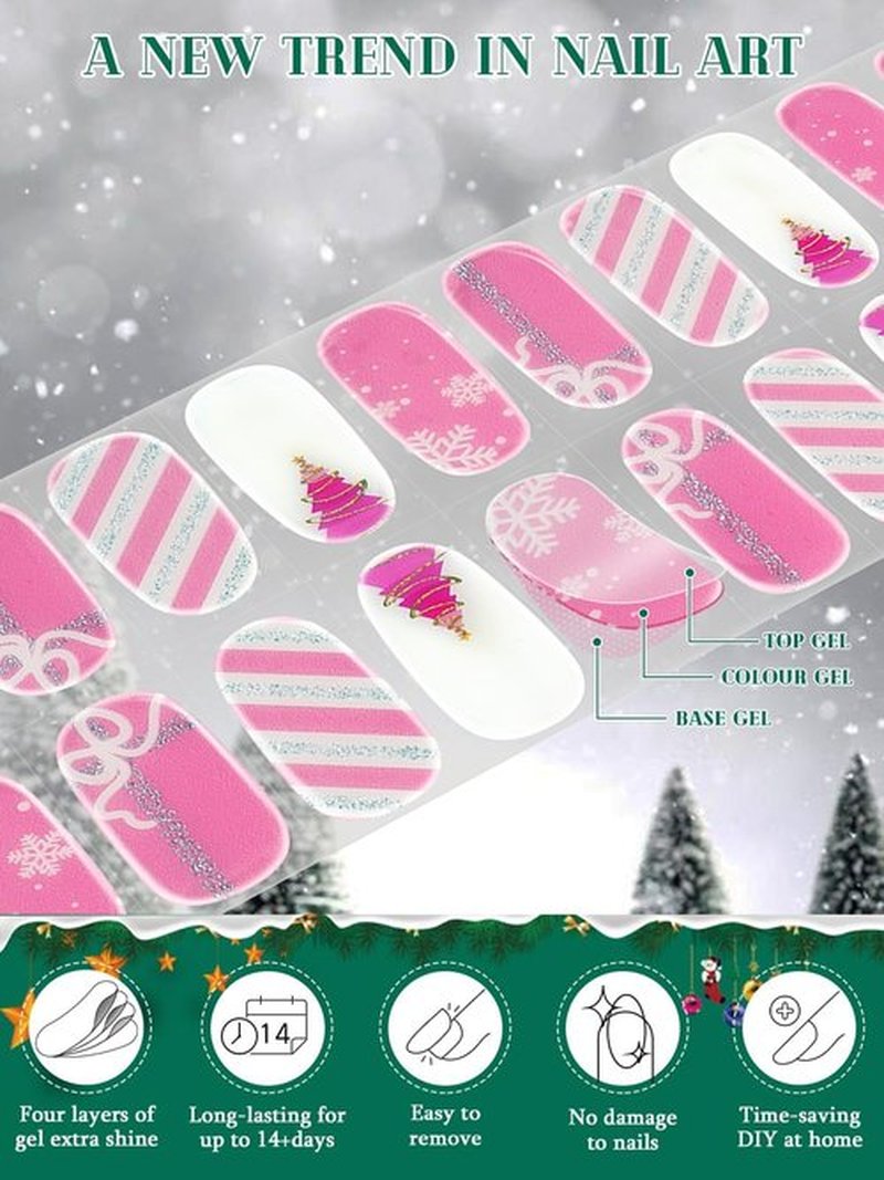 EBANKU 24PCS Christmas Semi Cured Gel Nail Strips, Tree Stickers Adhesive Pink Glitter UV Wraps Snowflake Polish Strips With File and Stick for Holiday Manicure