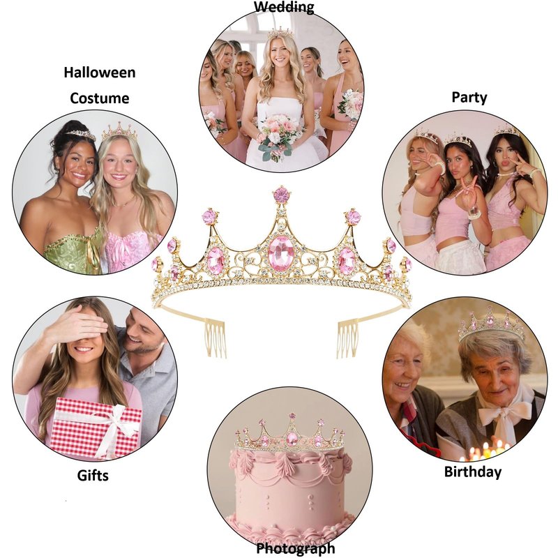 WOVOWOVO Pink Tiaras for Women, Princess Crown Headband with Combs for Women, Elegant Rhinestone Pink Hair Accessories for Bridal Wedding Birthday Halloween Party Prom
