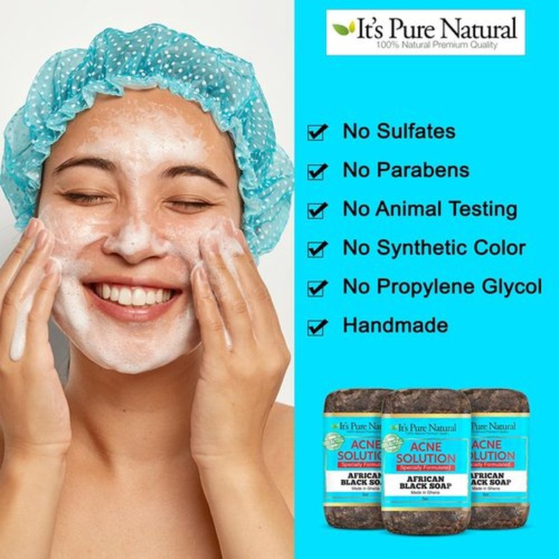 It's Pure Natural African Black Soap Bars with Acne Solution (Pack of 3) Organic Raw Soap for Face & Body, Acne Treatment & Dark Spot Remover [Made in Ghana]