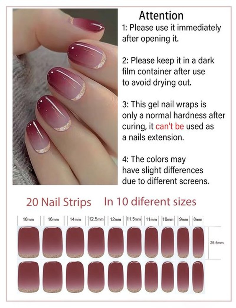 Semi Cured Gel Nail Strips, 20pcs Plum Ombre, Glitter, Gel Nail Stickers UV for Home Nails DIY
