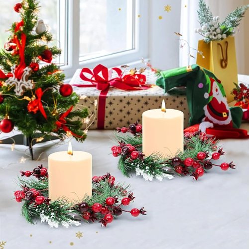 Skiennix Christmas Candle Rings - Snowy Pine Needle & Red Berry Mini Wreaths | 4PCS for Festive Home Decor