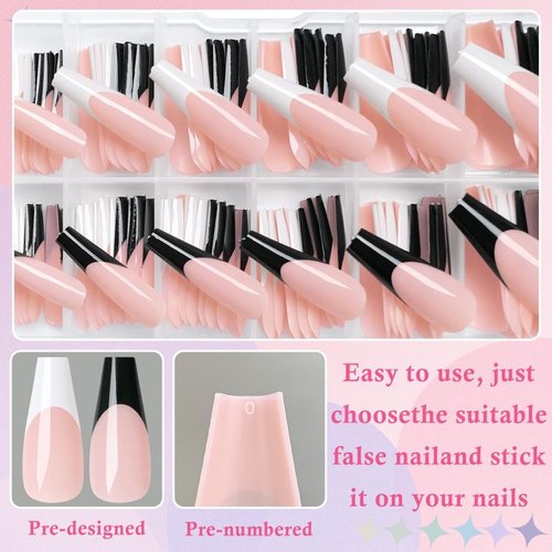 LuckForever 120pc French Tips Press on Nails Long Coffin, Black White Tips Long Press on Nails French Coffin Fake Nail Full Cover Glue on Nails Press ons Acrylic Nail Fingernail & Adhesive Tabs