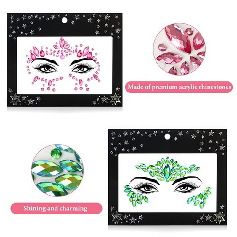 12 Sets Face Jewels Mermaid Rhinestones Stick on Temporary Tattoos Body Jewel Crystal Stickers Face Gems for Rave Festival Race Carnival Party