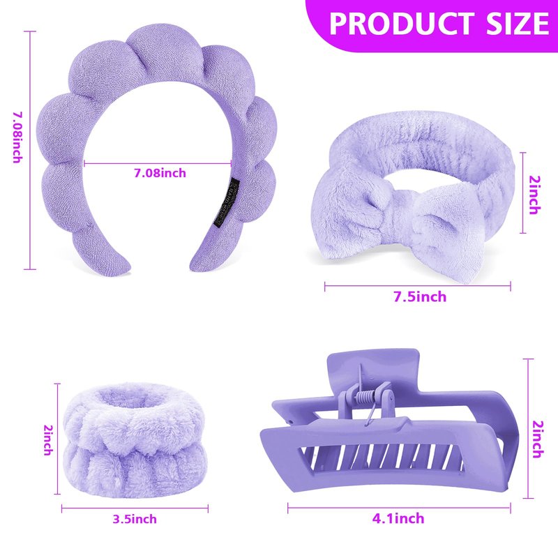 Zkptops 5Pcs Spa Headband for Washing Face Wristband Set Sponge Makeup Skincare Terry Cloth Bubble Soft Hairband Claw Clips for Thick Hair Puffy Padded Headwear Non Slip Hair Accessory (Purple)