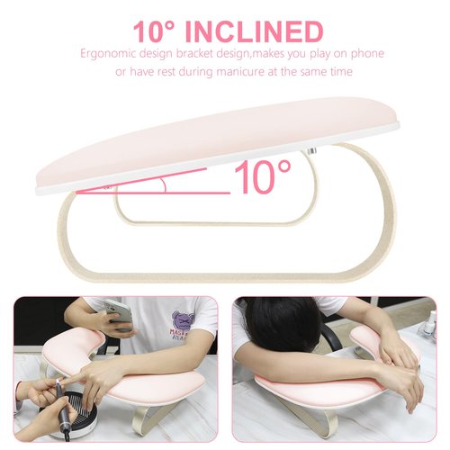 Manicure Arm Rest for Nails Tech, Cleanable Leather Nail Arm Rest Stand, U Shaped Hand Rest Pillow for Acrylic Nail Salon Home Use, Aluminum Alloy Bracket(Pink）