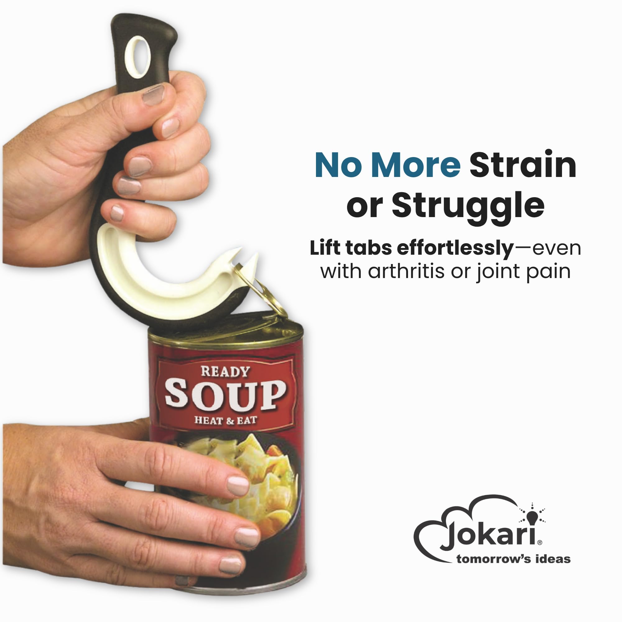Jokari Ring Pull Can Opener for Soda and Food Cans Arthritis Aid with Non Slip Grip for Seniors Kids and Nail Protection Manual Pull Tab Tool for Easy Open Cans Black Dishwasher Safe