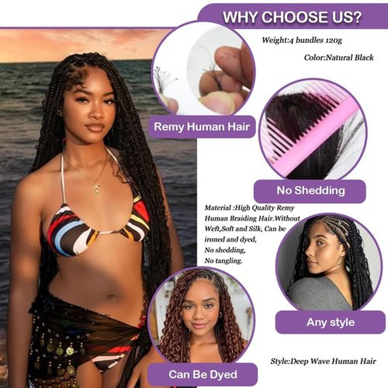 20 Inch Human Braiding Hair for Boho Braids 120g 4 Bundles/Pack Deep Wave Bulk Human Hair for Braiding Knotless 12A 100% Unprocessed Brazilian Virgin Bulk Hair Extensions Bohemian Braids Natural Color