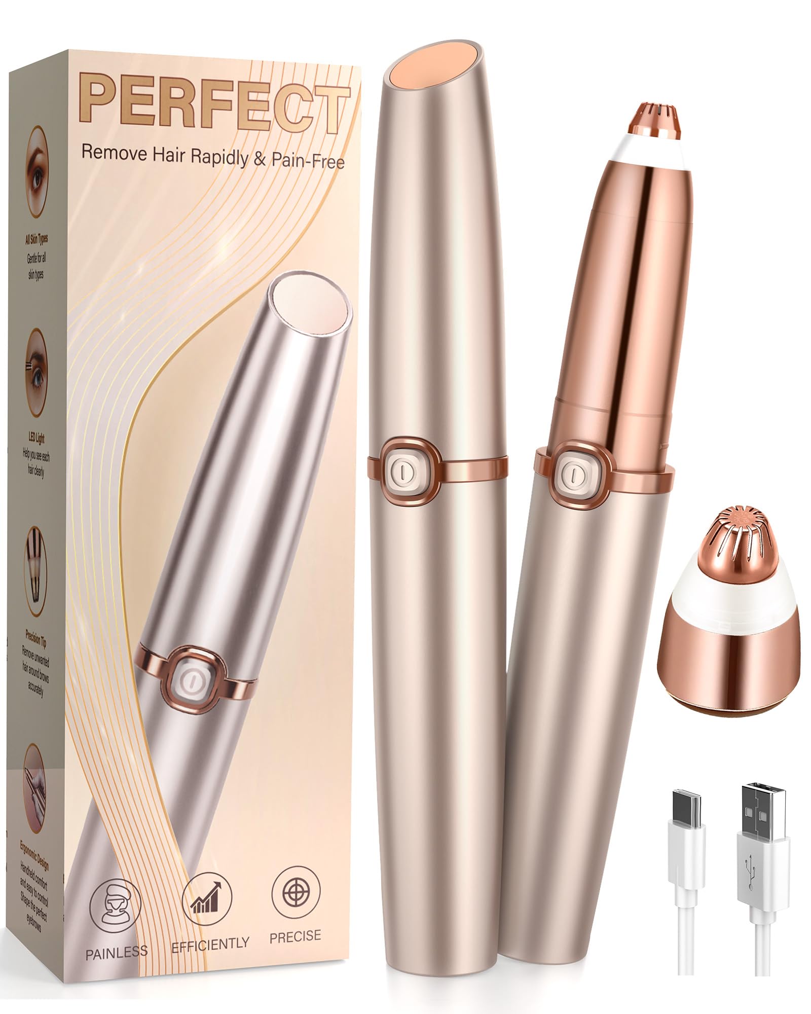 Eyebrow Trimmer for Women, Eyebrow Razor: Rechargeable Eyebrow Hair Remover with 2 Replacement Heads & LED Light, Electric Painless Eye Brow Shaver Facial Hair Removal Device for Eyebrows/Lips/Face