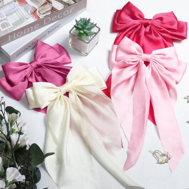 MIKONIKO Silky Satin Hair Bows for Women Girls - 4PCS Ribbon Bows for Hair, Big Bow Hair Clips with Long Tail, Barrettes - Cute Hair Accessories Gifts (Hot Pink, Light Pink, Royal Pink, Beige)