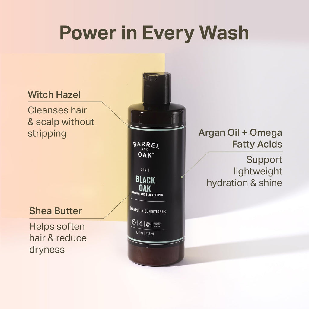 Barrel & Oak 2-in-1 Men's Shampoo and Conditioner, Cleanses Hair & Scalp, Multi-Use Hair Products for Men, Vegan Shampoo and Conditioner, Black Oak, 16 oz