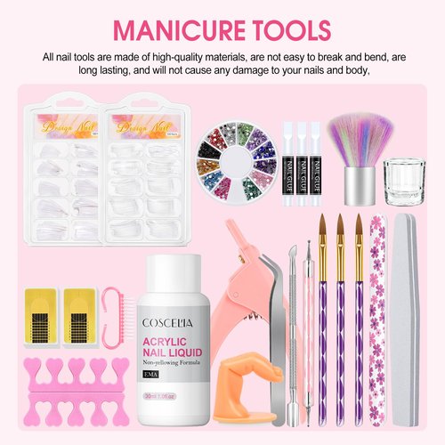 COSCELIA Acrylic Nail Kit with Everything, Professional Acrylic Powder Glitter Decoration Powder Extension Nails Art Kit Rhinestones Manicure
