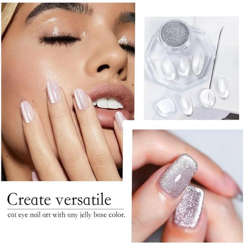 Pretty Diva Cat Eye Chrome Nail Powder, 2 in 1 Highlight Chrome Nail Powder Magic Holographic Mirror Effect Glitter Clear Cat Eye Nail Chrome Powders