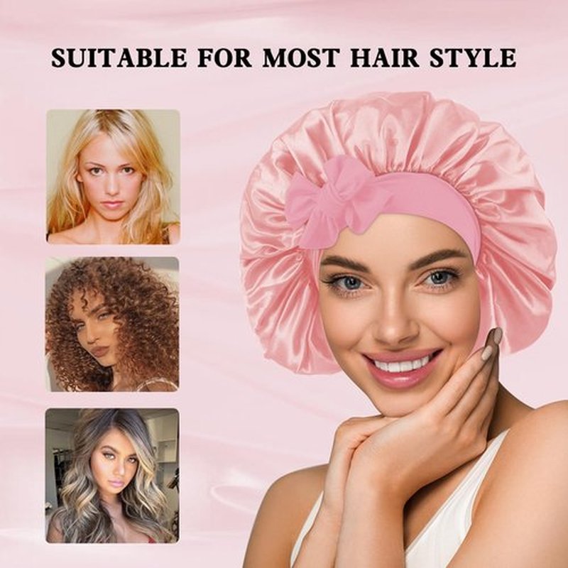 my novel things 3Pcs Satin Bonnet for Sleeping Women Large Adjustable Hair Bonnet with Tie Band Silky Sleep Cap with Ribbon for Women Natural & Curly Long Hair Anti Frizz, Soft Breathable(Pink/Purple)
