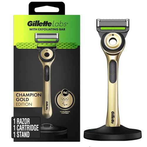 GilletteLabs Exfoliating Bar Razor for Men | Champion Gold Edition with Magnetic Stand - 1 Handle, 1 Refill