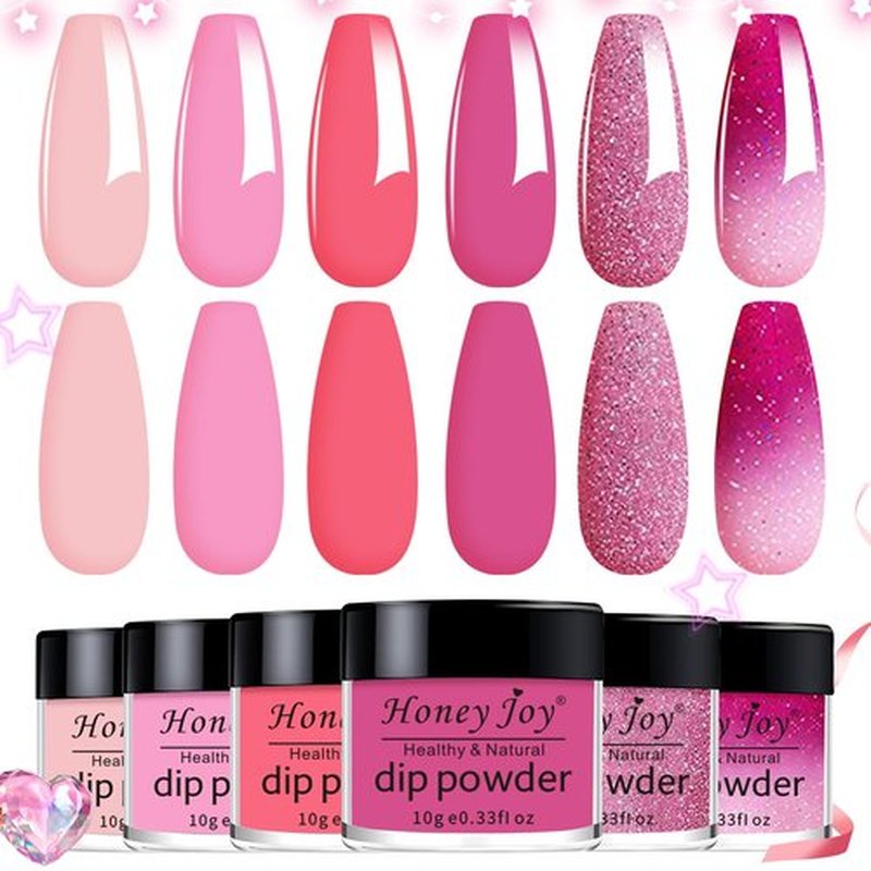 Honey Joy Color Changing Dip Powder Set,6 Colors Glitter Pink Dipping Powder Set Nail Art Manicure DIY Salon Home Gifts for Women, No Need Nail Lamp Cured, DP-V