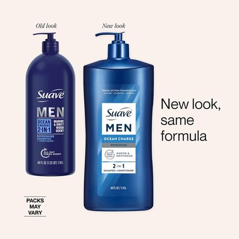 Suave Men Ocean Charge 2-in-1 Shampoo & Conditioner - Hydrating Formula with Pro Vitamin B5, Ocean Fresh Scent | 40 FL OZ Pump (4 Count)