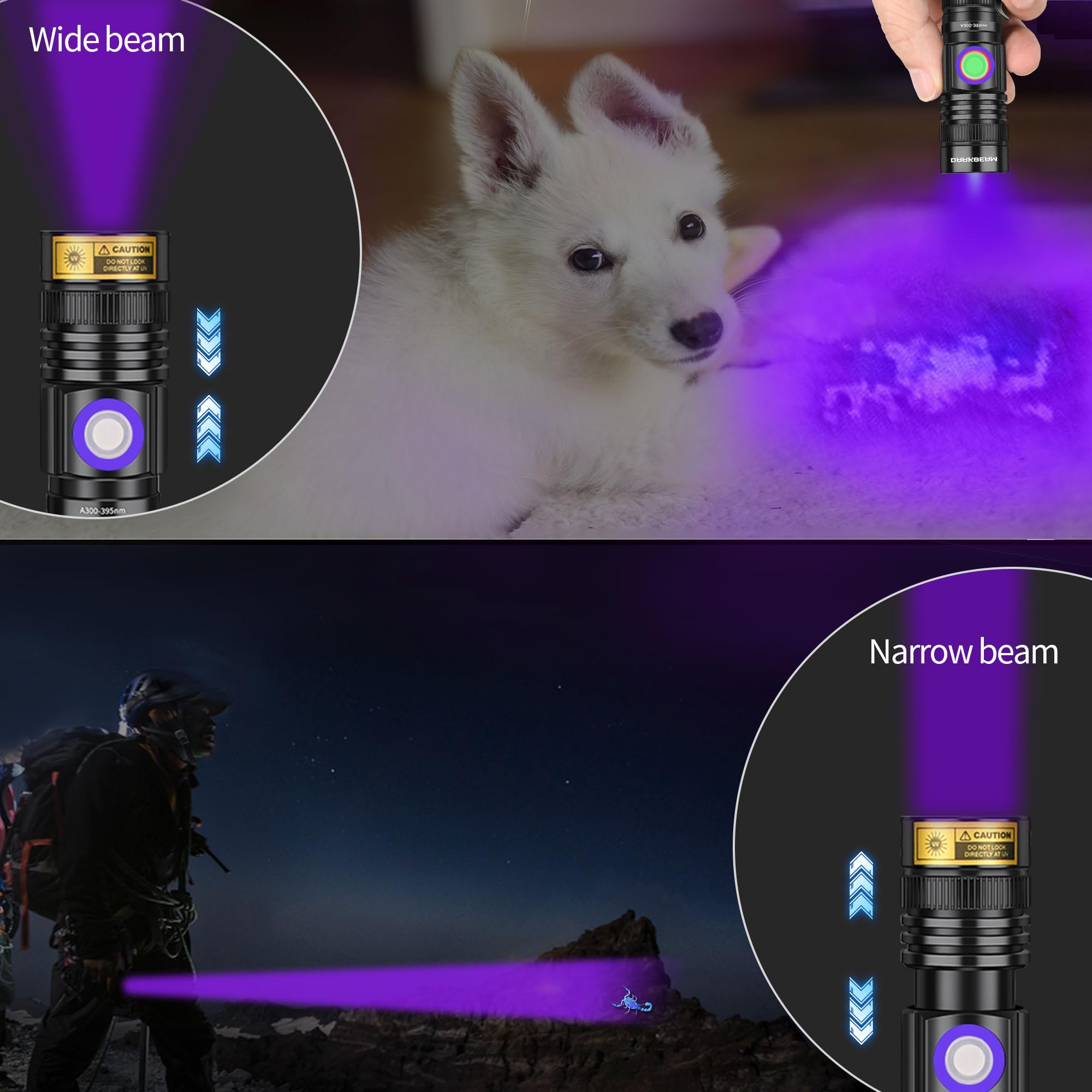 DARKBEAM UV Black Light Flashlight 395nm - Rechargeable USB Woods Lamp, Powerful Mini Ultraviolet LED Blacklight Flashlights - Resin Curing, Detector for Pet/Cat/Dog Urine, Stains, Scorpions