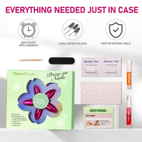 BelleOnyx Press on Nails Short-Hot Pink Cat Eye Press on Nails Almond Natural Fit & Glossy Stick on Nails with Glue in 15 Sizes-30 Reusable Fake Nails with Glue & Glue Remover for Women