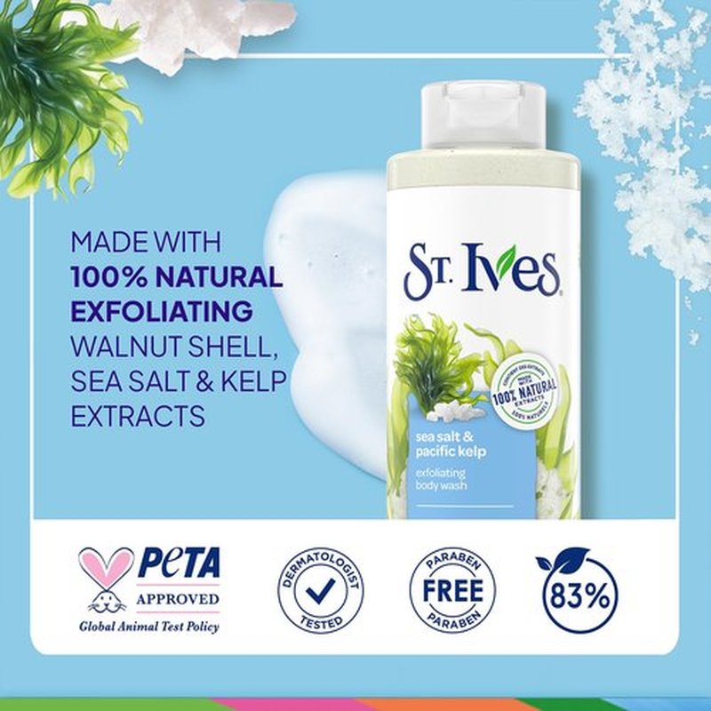 St. Ives Body Wash, Sea Salt & Pacific Kelp Exfoliating Shower Gel 2-Pack, 100% Natural Extracts, Cruelty-Free, 22 Oz Ea