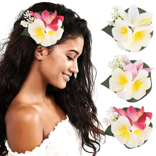HAIMEIKANG 3 Pieces Hawaiian Flower Hair Clips - Artificial Tropical Flower Hair Pins Large Hair Flowers For Women Hawaiian Hair Accessories Wedding Hair Piece