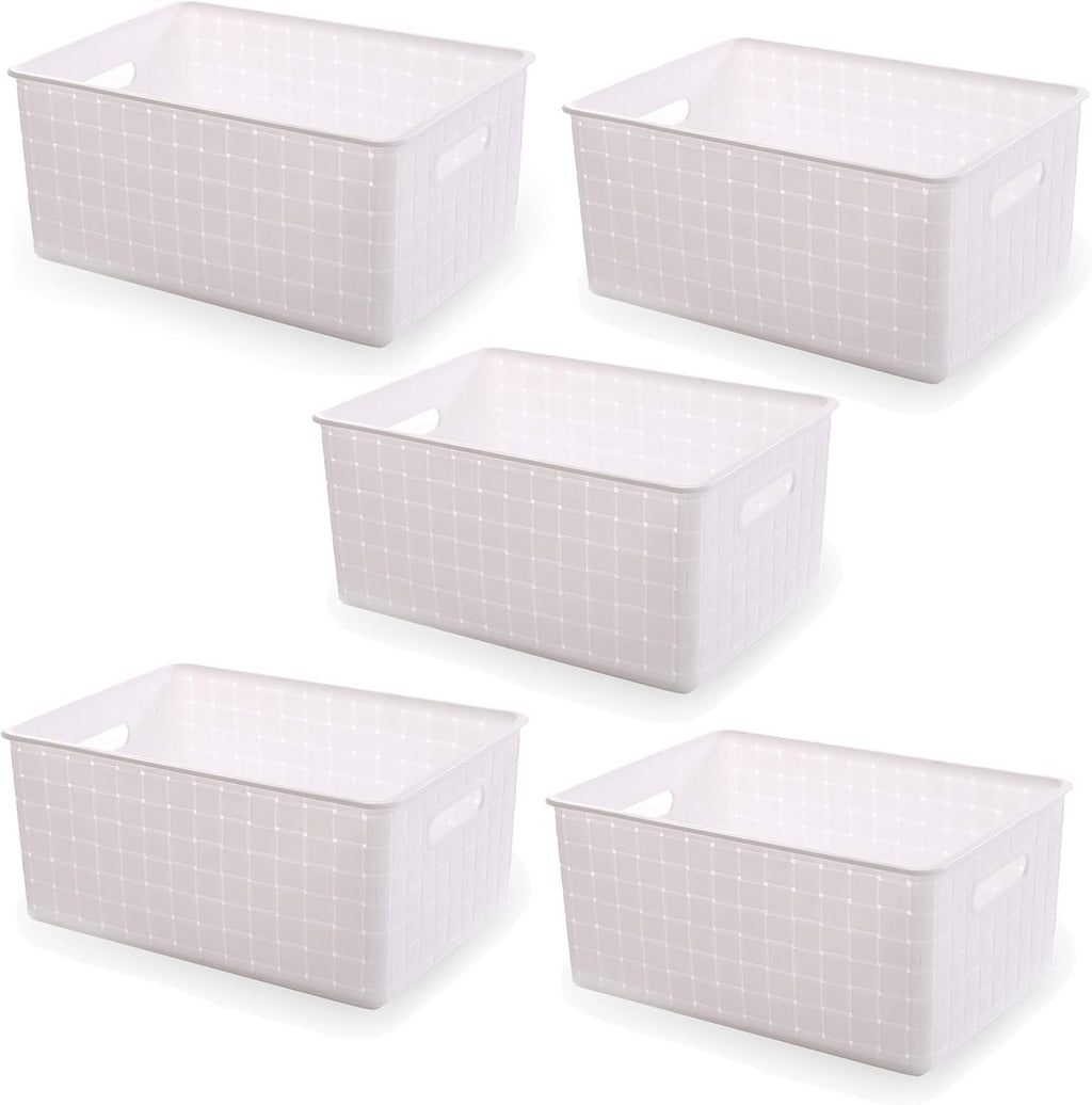 BINO Small White Plastic Baskets - 5 Pack Rectangular Organizers for Cabinets & Drawers | Durable & Portable