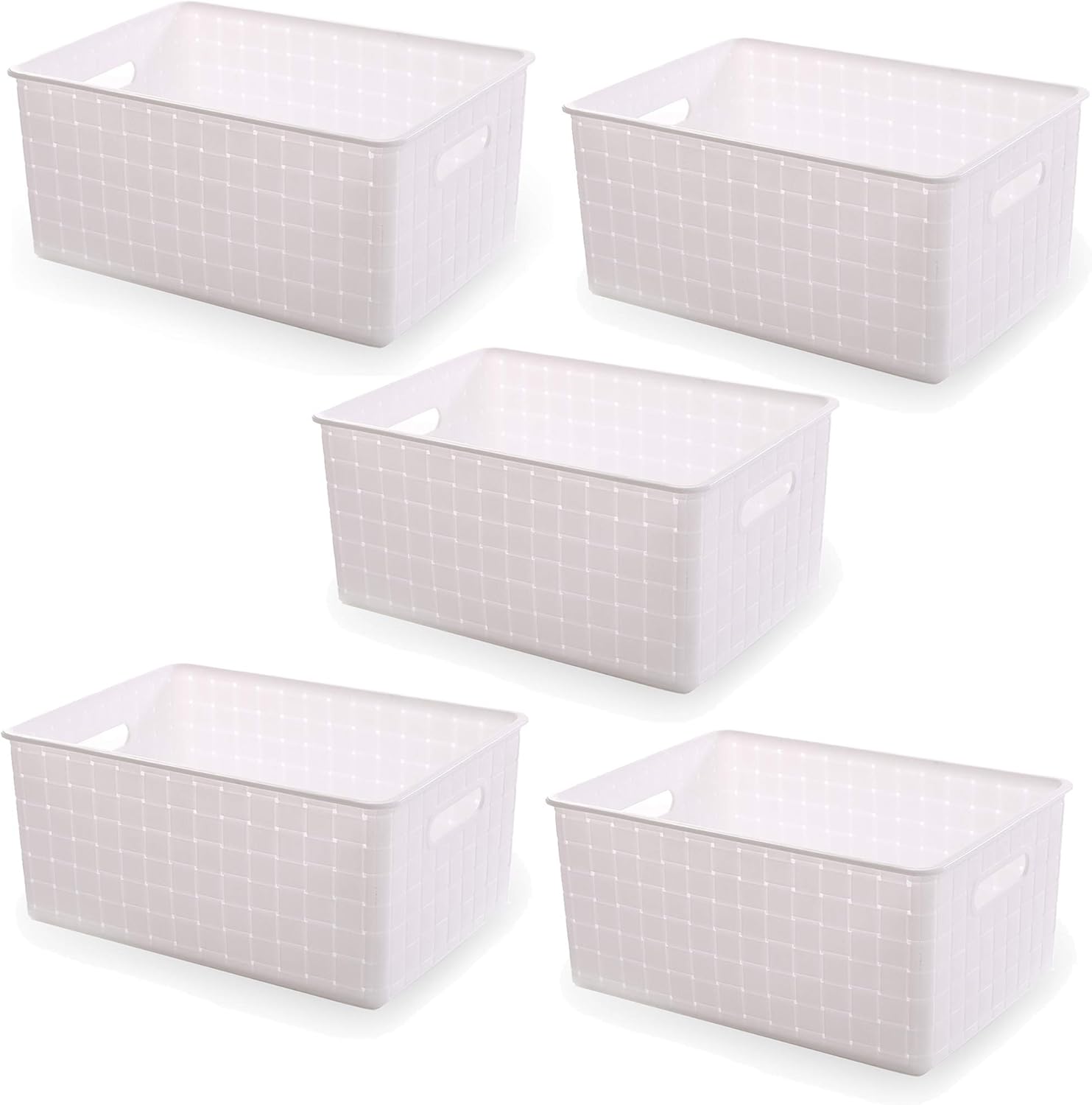 BINO Small White Plastic Baskets - 5 Pack Rectangular Organizers for Cabinets & Drawers | Durable & Portable