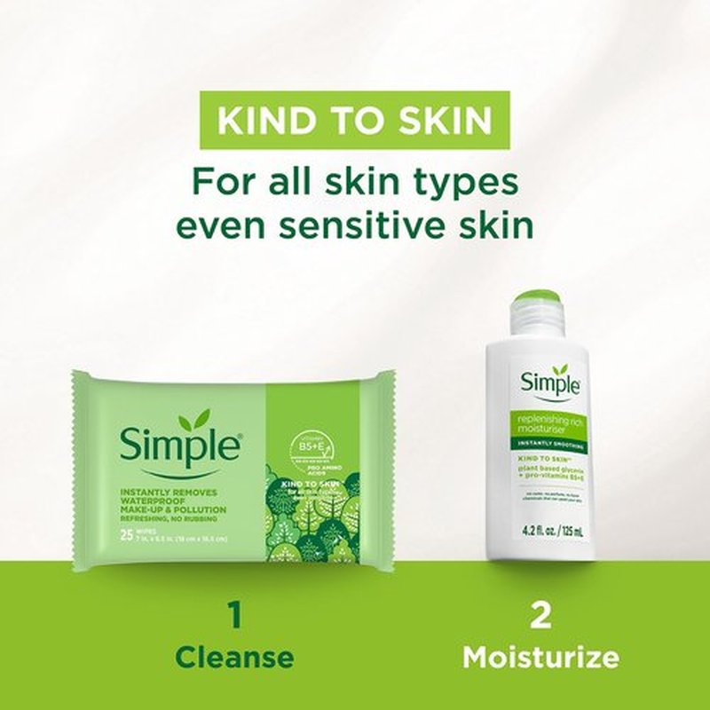 Simple Kind To Skin Cleansing Makeup Remover Wipes - Vegan Facial Cleanser Wipes with Vitamin B5 and E - Removes Waterproof Makeup - 4 pc