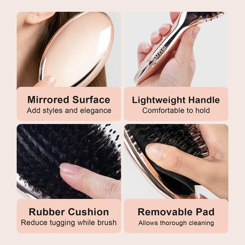 RHOS Boar and Nylon Bristle Hair Brush for Long, Curly, Thick Hair, Soft Natural Bristle Detangling Brush, Smooth & Shine, Set Includes Rat Tail Comb, Storage Bag (0.79inch Bristle)