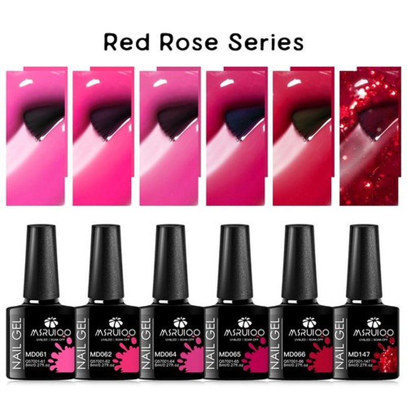 MSRUIOO Gel Nail Polish Set 6 Colors Hot Pink Rose Red Nail Gel Polish Kit Red Glitter Nail Polish Shimmer Nail Art Design DIY Home Salon Manicure Valentines' day Gifts for Women Girls
