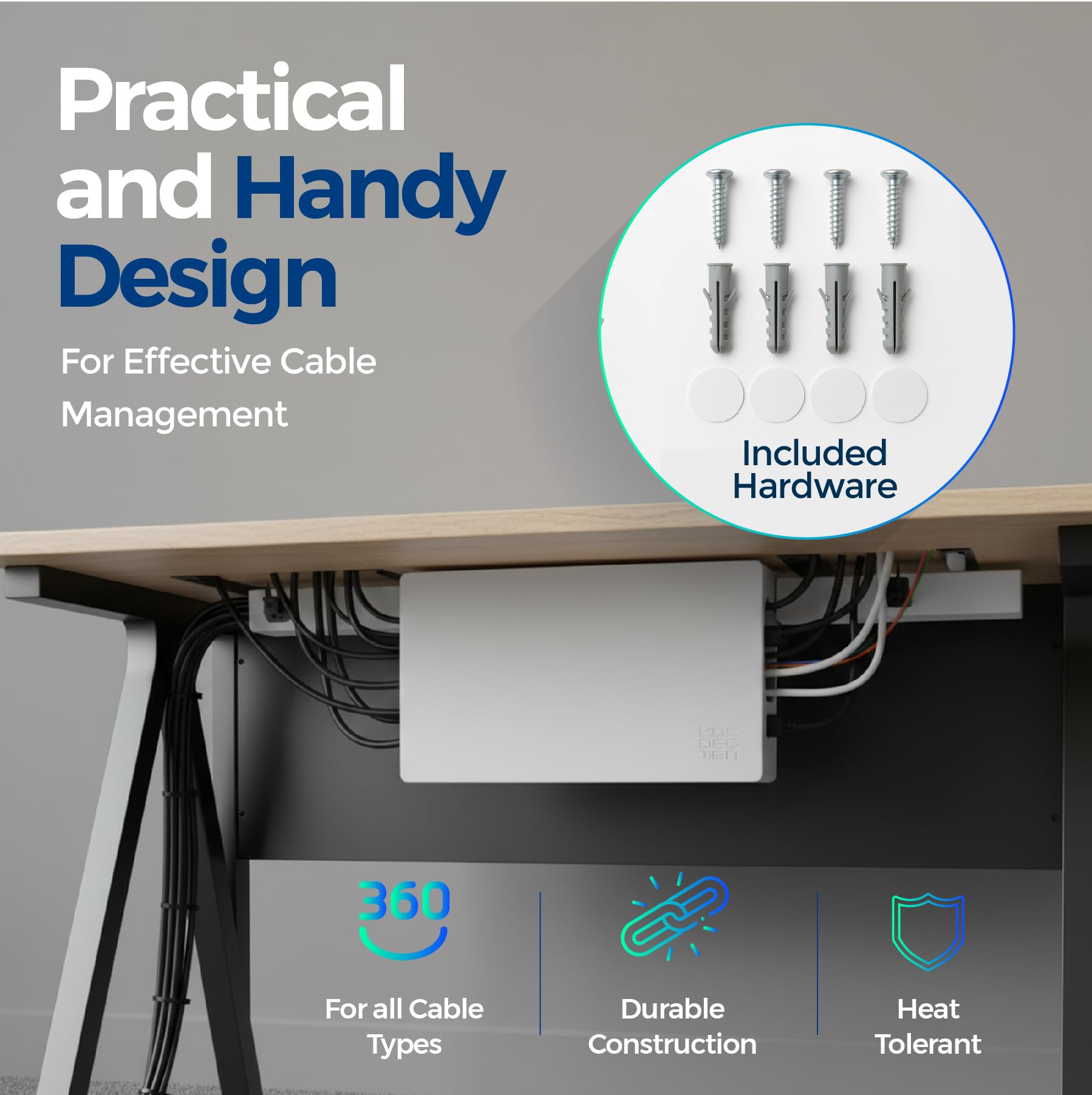 Kos Design Cable Management Box with Included Mounting Hardware – ABS Cord Organizer (12,7 x 7,8 x 4,5 in) | Heat-Tolerant Power Strip & Cable Storage | Wall-Mountable or Floor Use