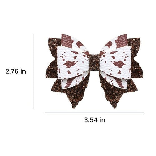 2 Pack 3.5-Inch Glitter Sparkly Brown Cow Hair Bow Clips for Western Cowgirls Cute Moo Cow Alligator Hairpins Barrettes Toddler Teens Women Kids Birthday Party Decorations Gift