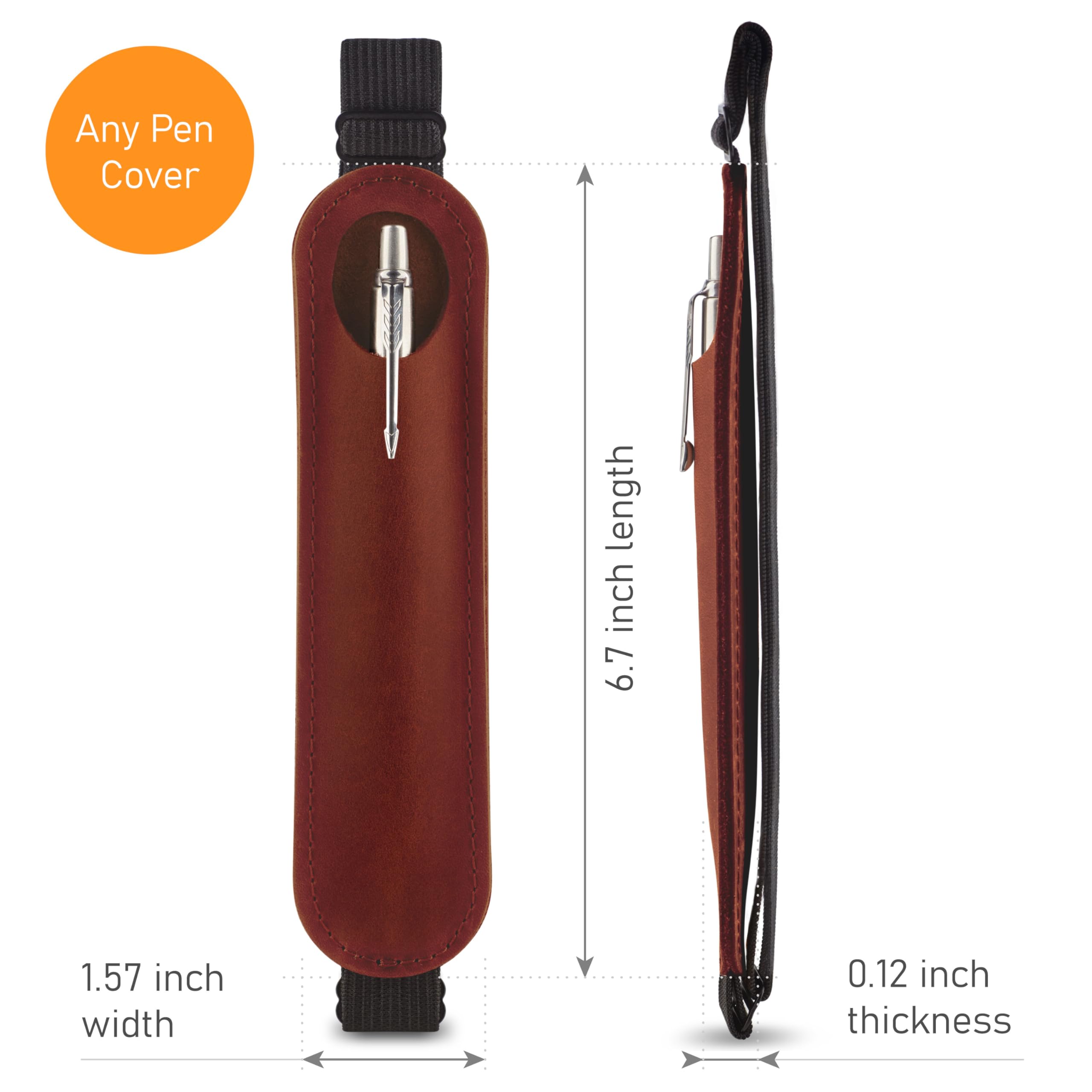 MAKYN Leather Adjustable Pen Holder for Journals, Notebooks, Planners, Books, Pencil Sleeve Case Pouch, Elastic Pen Holder for Notebook, Soft Fountain Pen Case (Cognac)