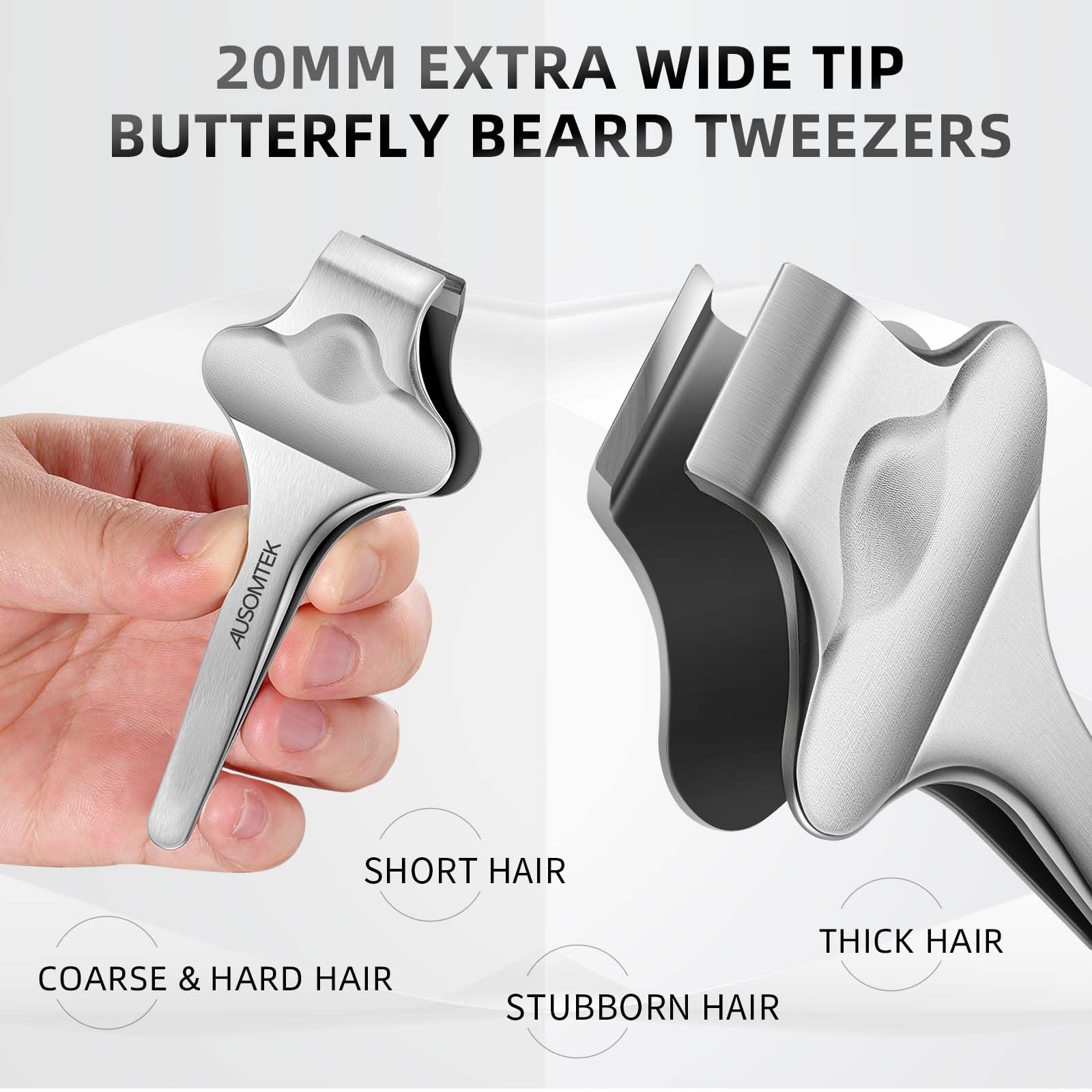 AUSOMTEK 20mm Precision Butterfly Tweezers for Beard, Eyebrows, Facial & Ingrown Hair - Wide Tip, Stainless Steel - Hair Removal Tool with Anti-Slip Slot & Case - for Men & Women