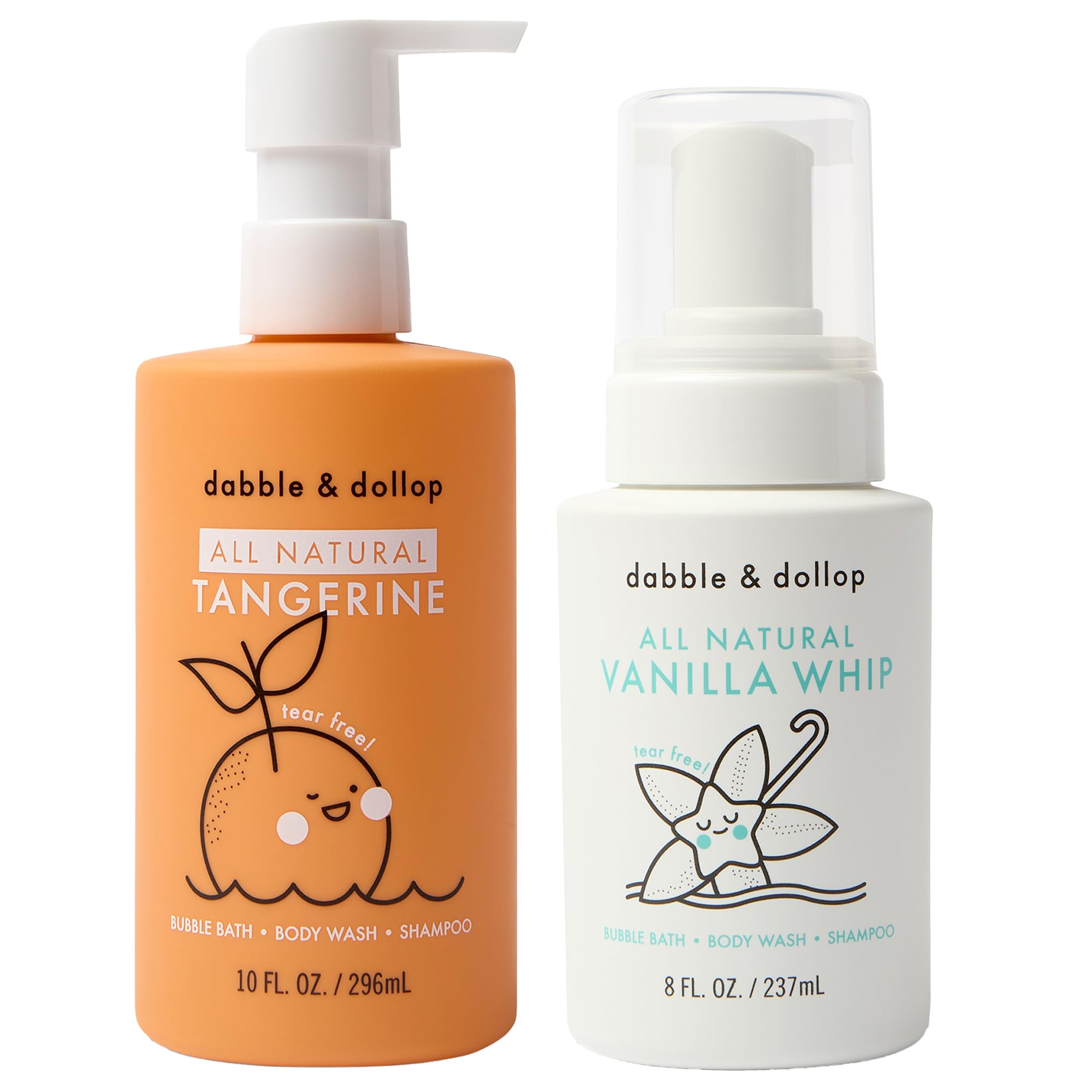 Dabble & Dollop Tangerine + Vanilla Kids 3-in-1 Body Wash, Shampoo & Bubble Bath Bundle – Gel + Foam Whip Set, Tear-Free, Gentle, Natural-Origin, Hypoallergenic and Safe for Sensitive Skin (Pack of 2)