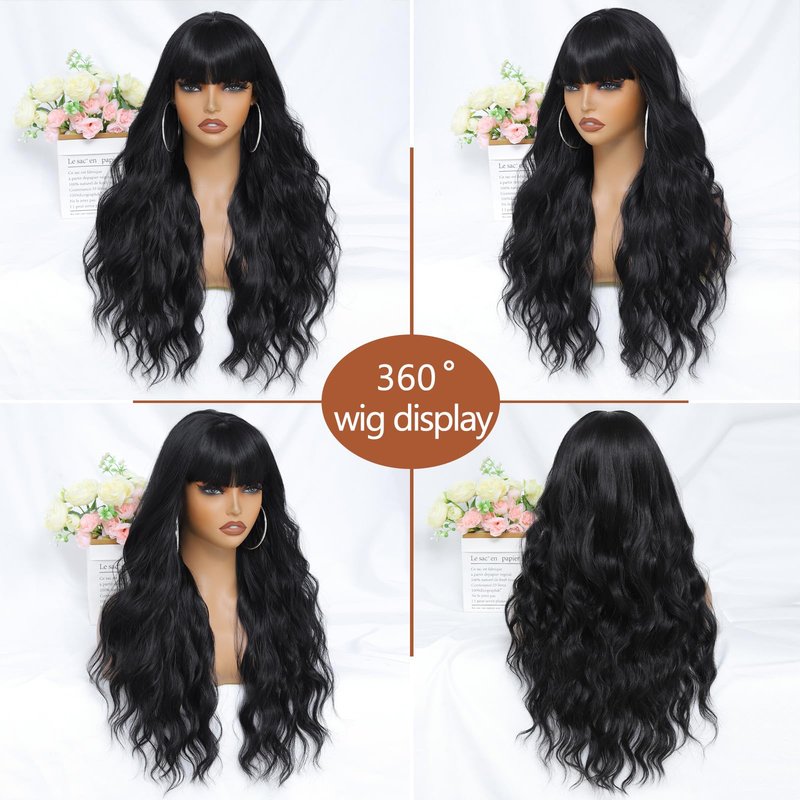 VOZIFAXIU Black Wig with Bangs for Women 26 Inch Long Wavy Black Wigs Synthetic Heat Resistant Wig for Daily Party Use