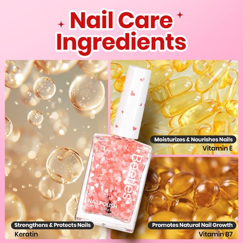Beetles Valentines Nails Polish - Pink Heart Sweetheart Glow Glitter Nail Polish 15ml/0.51Fl Oz - Long-Lasting Quick Dry Nail Polish DIY Nails Art Spring Valentines Nails Gifts for Her