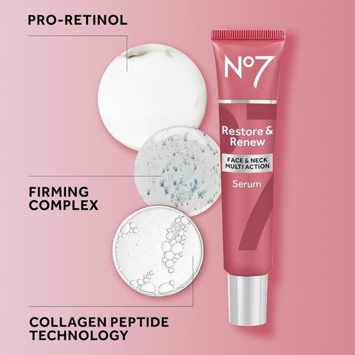 No7 Restore & Renew Multi Action Serum - Anti-Aging Face & Neck Serum with Collagen Peptides & Hyaluronic Acid (1.69 Oz)
