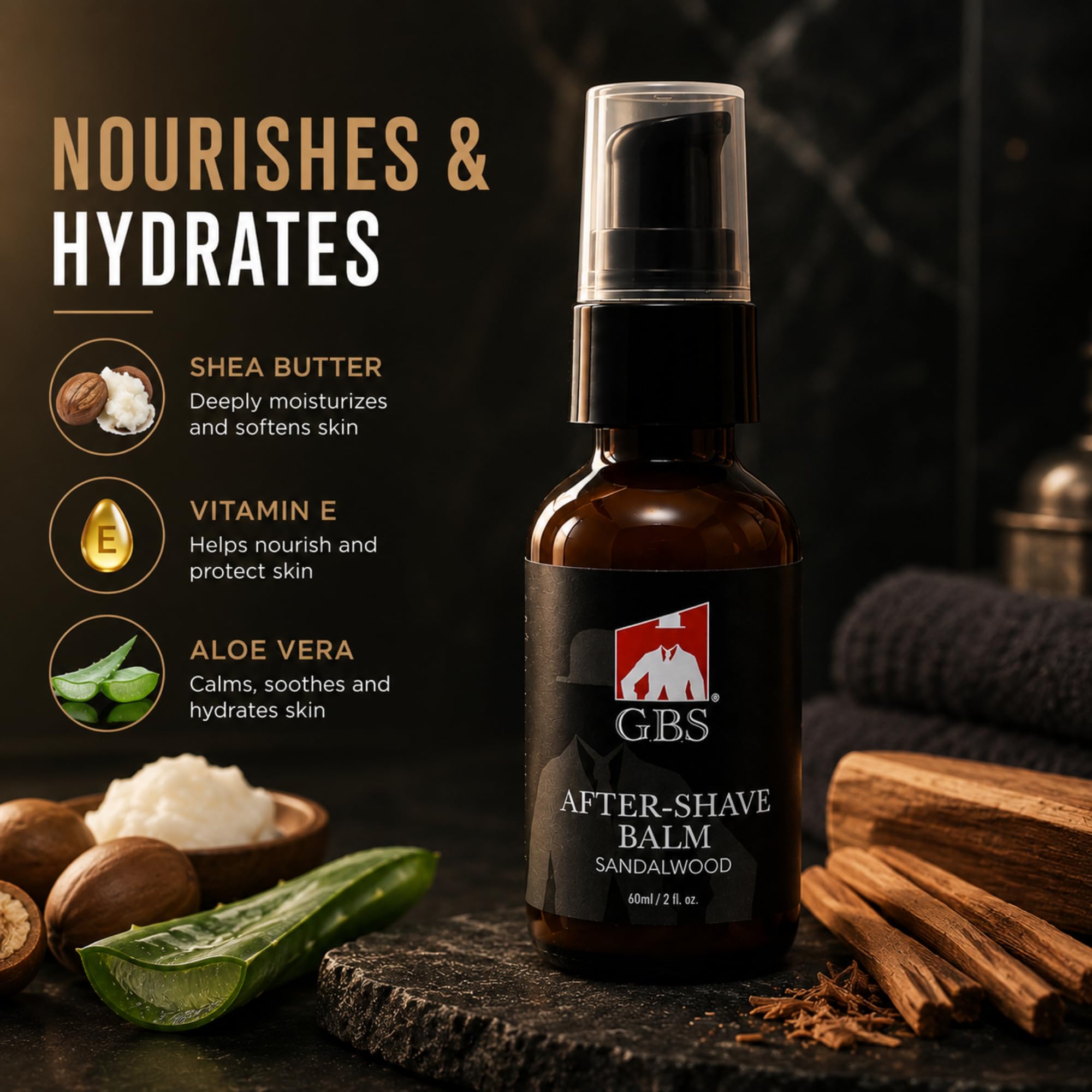 G.B.S Aftershave Balm Sandalwood, for Men - soothes razor burn, redness and irritation