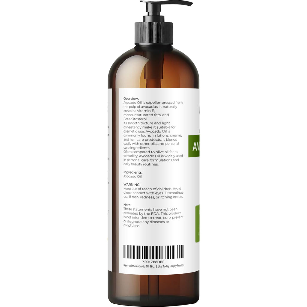 velona Avocado Oil 16 Fl Oz | 100% Pure and Natural Carrier Oil | Expeller-Pressed | Hair, Body and Skin Care | Use Today - Enjoy Results