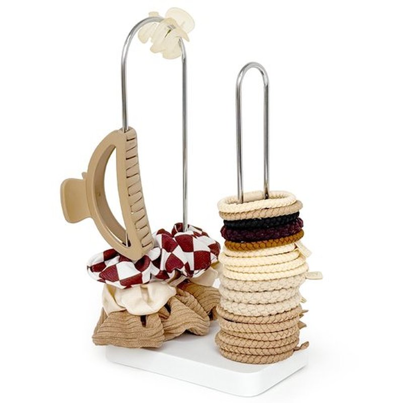 2-Tier Hair Tie Organizer, Modern Scrunchies Storage Tower Holds 30-50 Hair Accessories, Claw Clip Holder, Fashion Countertop Display Stand for Women & Girls(White)