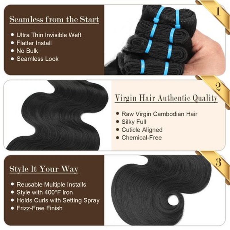 16A Body Wave Bundles Human Hair 100% Real Raw Human Hair Bundles Body Wave 20 Inch, No Tangle Shedding,Triple Lifespan Virgin Hair Extensions Thick Weave Reusable