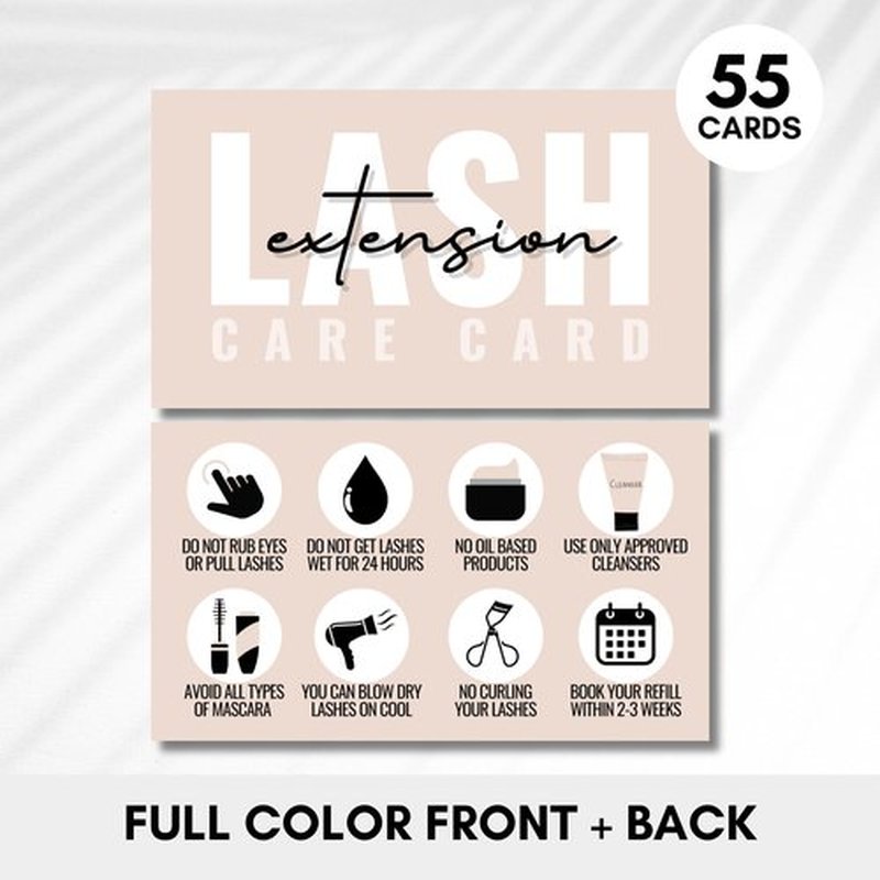 Cute Modern Lash Extension After Care Cards/Pack of 55 business card size. Eyelash extensions supplies great for your lash extension kit (TanLash)