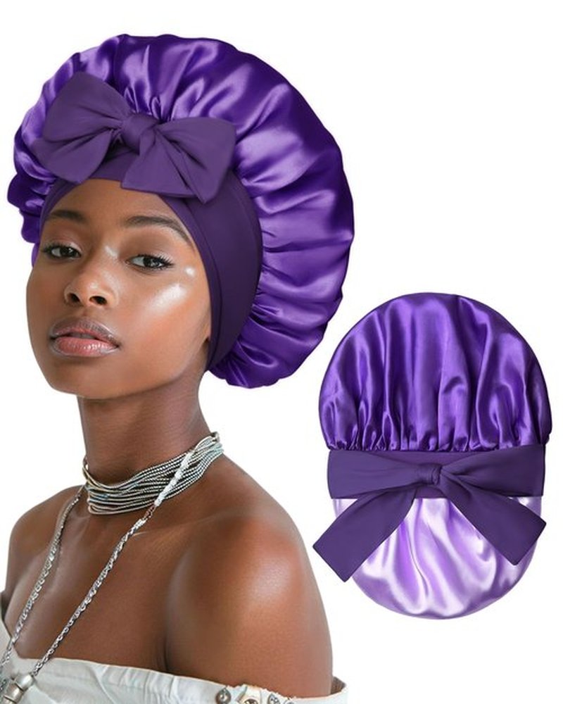 Satin Bonnet for Women Silk Bonnets for Sleeping Curly Hair Bonnet with Elastic Tie Band Reversible Double Layer Sleep Cap Hair Wrap (Purple)