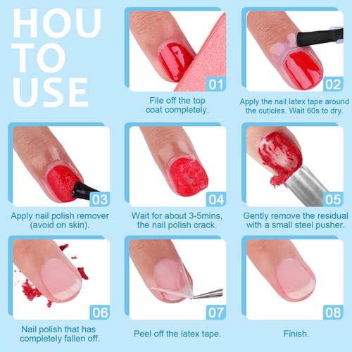 15ml Quick Gel Nail Polish Remover & Nail Latex Tape Kit, Fast Acting in 3-5 Mins, Includes Mini Nail File, Cuticle Pusher & Scraper, Gentle & No Soaking & No Wrapping (Remover&Latex)