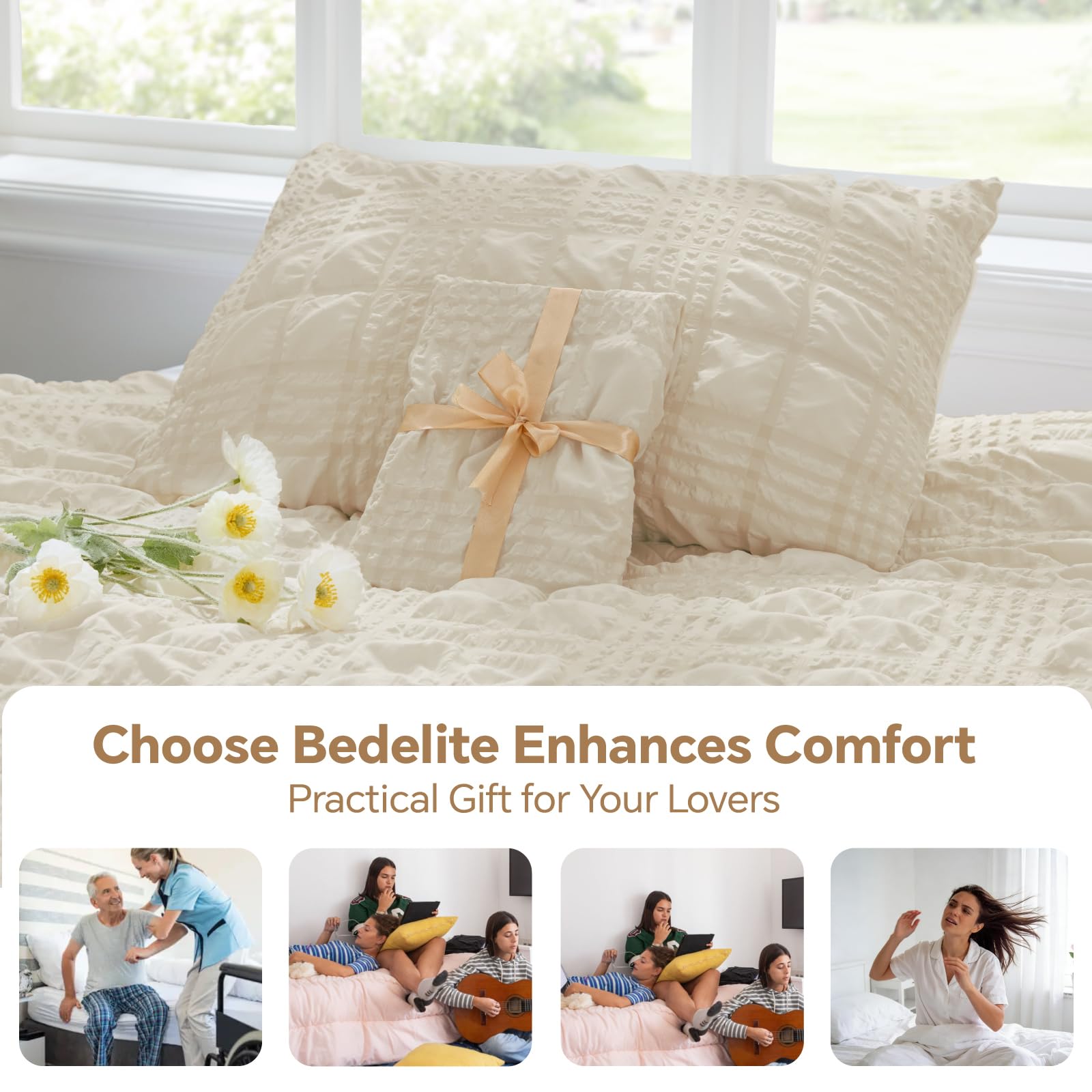 BEDELITE Cream King Size Comforter Set, All Season Luxury Seersucker Bedding Set with Pillowcases, Soft Lightweight Comforter 3 Pieces for Bedroom