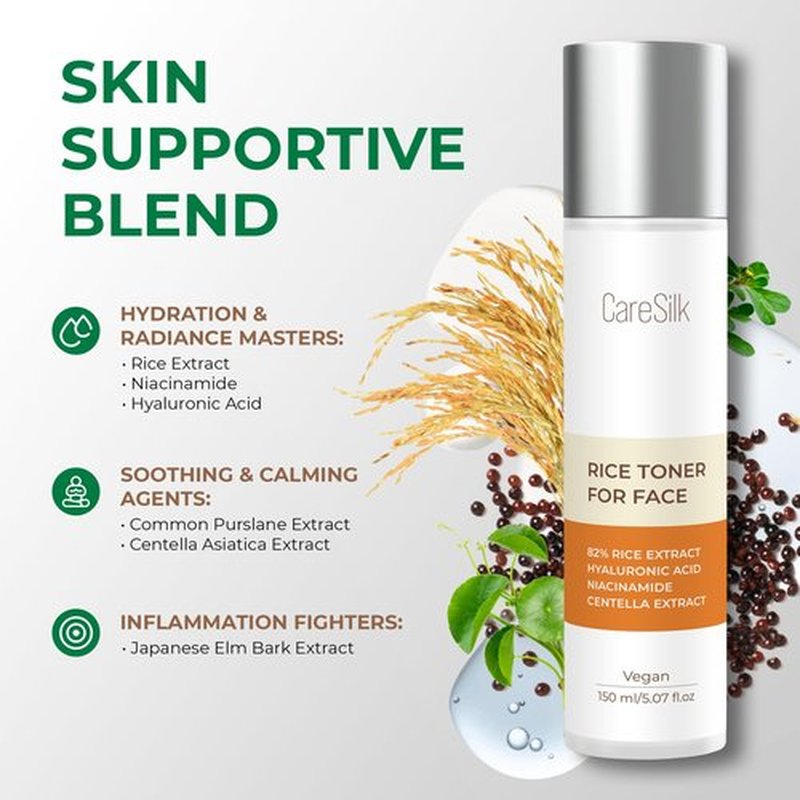 CARESILK Rice Toner for Face, 82% Rice Extract with Hyalyronic Acid, Niacinamide and Centella Extract - Hydrating for Dry, Dull, Combination Skin, Vegan, Fragrance Free, Glass Skin