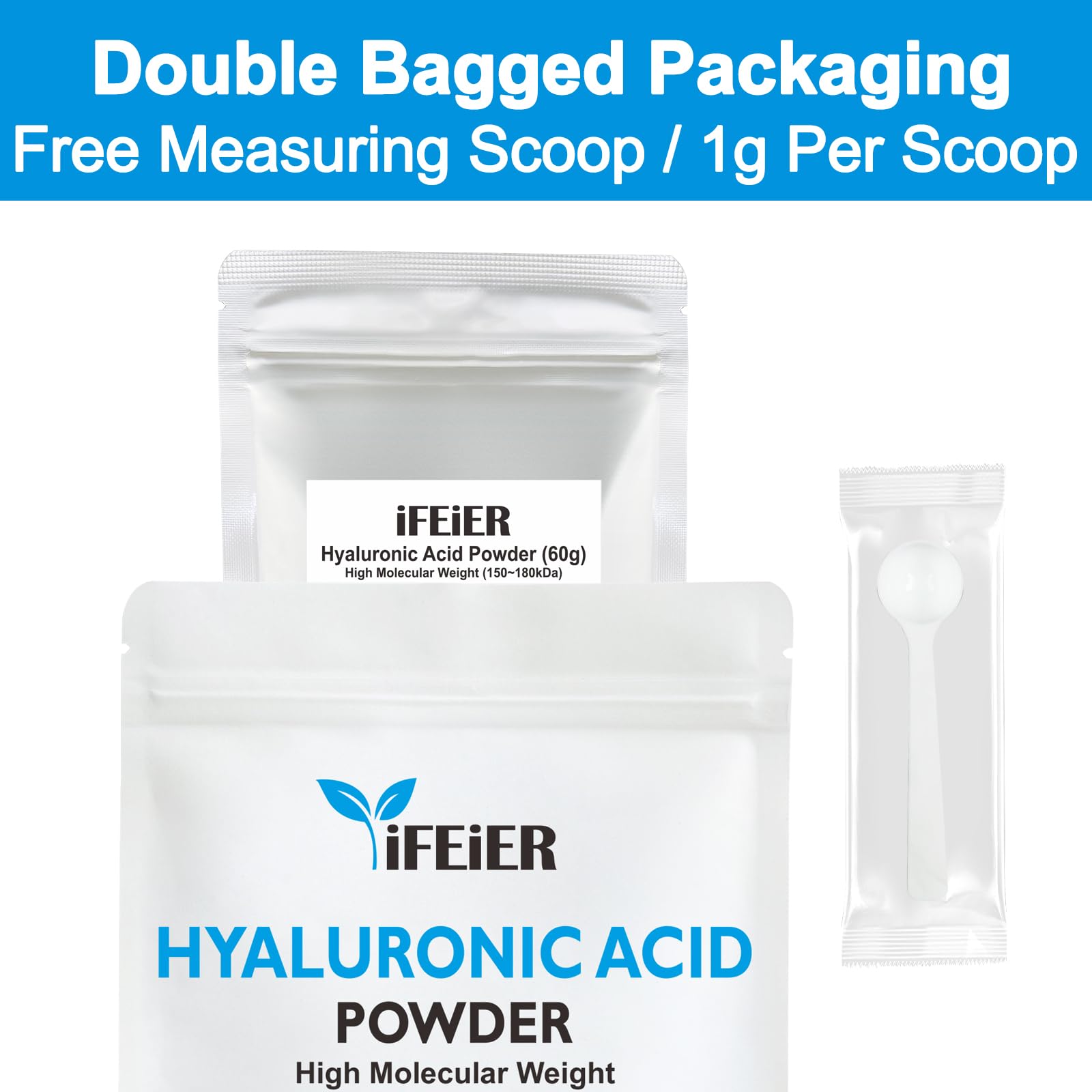 iFEiER Hyaluronic Acid Powder | High Molecular Weight Hyaluronic Acid Serum Powder | 1.5oz(42.5g) Cosmetics Grade | Sodium Hyaluronate | LMW HMW HA ingredient to make gel for DIY Serums